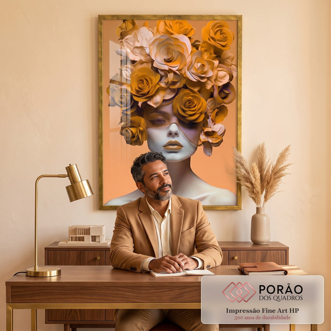 Quadro Decorativo Elegante Mulher com Flores - Toque Sofisticado para Sua Decoração em escritorio moderno - quadros decorativos para sala