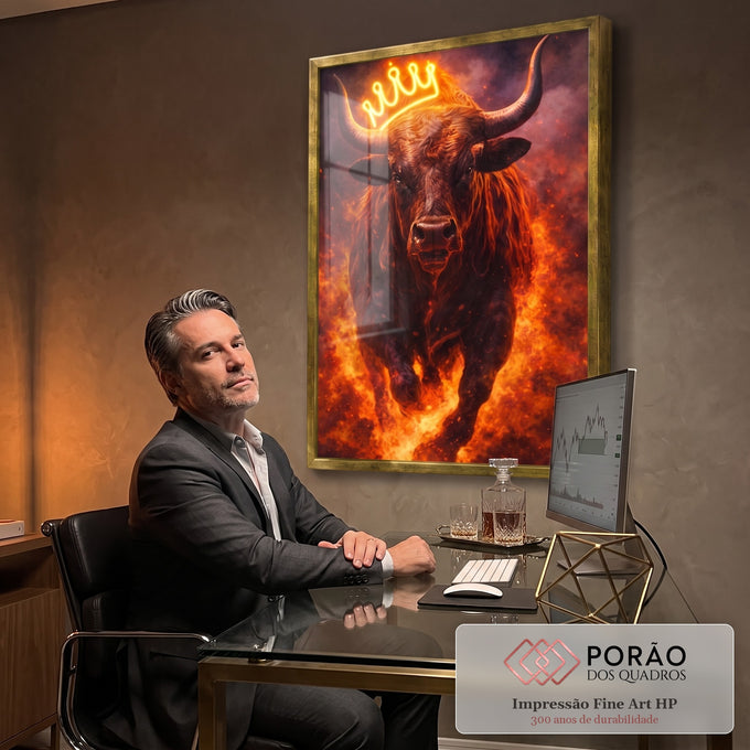 Quadro Decorativo Majestoso do Touro Poderoso em escritorio moderno - quadros decorativos para sala