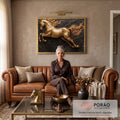 Quadro Decorativo Cavalo Dourado em Movimento em sala de estar moderna - quadros decorativos para sala