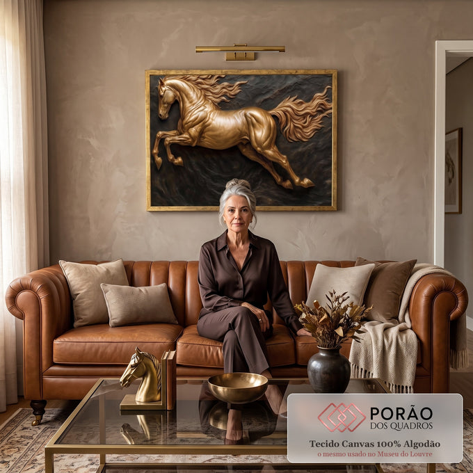 Quadro Decorativo Cavalo Dourado em Movimento em sala de estar moderna - quadros decorativos para sala