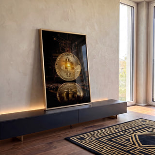 Quadro Decorativo: Bitcoin Dourado - Energia e Futurismo em ambiente decorado - quadros decorativos para sala