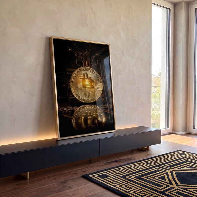 Quadro Decorativo: Bitcoin Dourado - Energia e Futurismo em ambiente decorado - quadros decorativos para sala