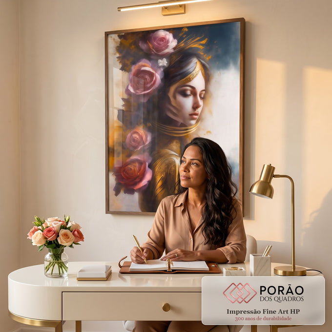 Quadro Decorativo: Elegância de uma Mulher Japonesa Floral em escritorio moderno - quadros decorativos para sala