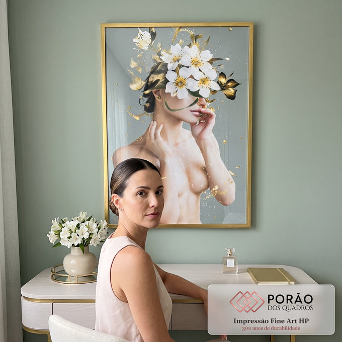 Quadro Decorativo Mulher com Cabeça de Flores - Elegância e Sofisticação para Seu Ambiente em escritorio moderno - quadros decorativos para sala
