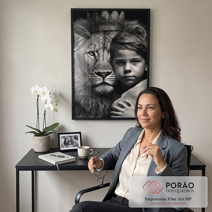 Quadro Decorativo Elegante Leão com Menino - Arte em Canvas Premium em escritorio moderno - quadros decorativos para sala