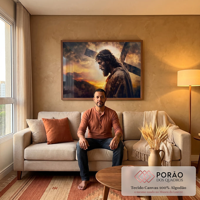 Quadro Decorativo Sagrada Esperança: Crucificação ao Entardecer em sala de estar moderna - quadros decorativos para sala