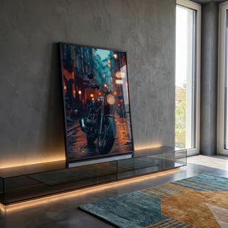 Quadro Decorativo de Moto em Paisagem Urbana  Arte Moderna em ambiente decorado - quadros decorativos para sala