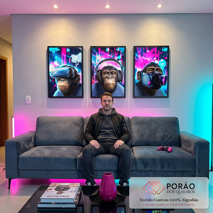 Quadro Decorativo Chimpanzés e a Era Digital: Uma Perspectiva Única em sala de estar moderna - quadros decorativos para sala