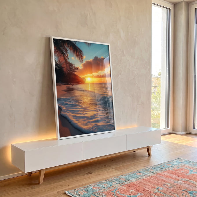 Quadro Decorativo Paisagem Tropical ao Pôr do Sol em ambiente decorado - quadros decorativos para sala