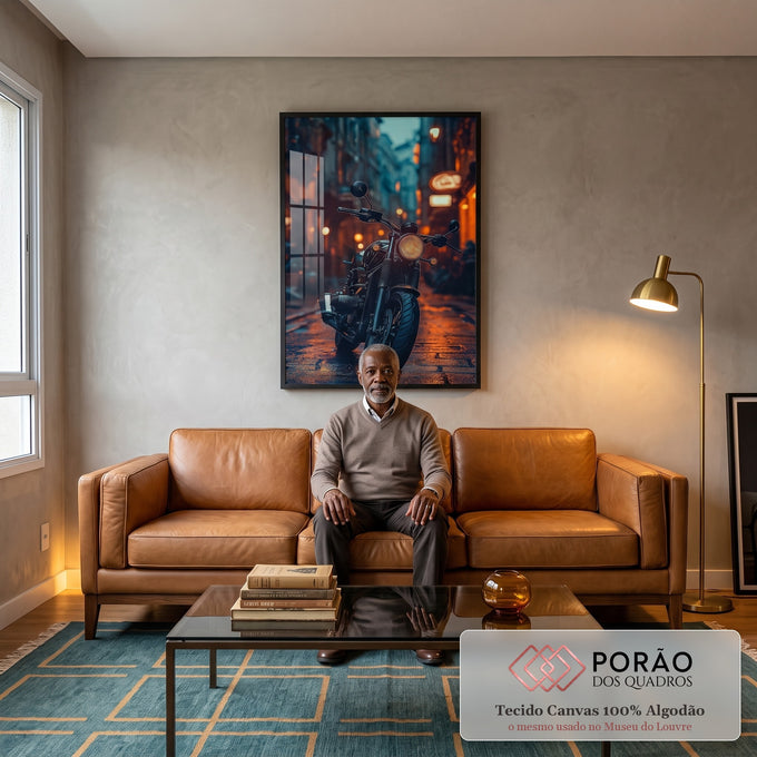 Quadro Decorativo de Moto em Paisagem Urbana  Arte Moderna em sala de estar moderna - quadros decorativos para sala