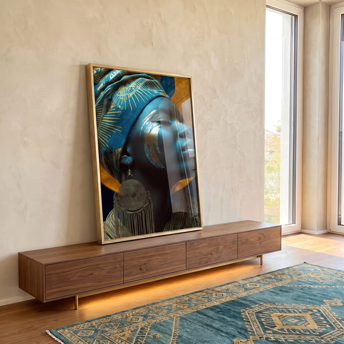 Quadro Decorativo Elegância Azul Feminino Abstrato em ambiente decorado - quadros decorativos para sala