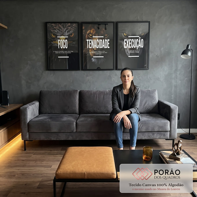 Quadro Decorativo Motivacional Trio: Foco, Execução e Tenacidade - Arte Inspiradora para Sua Casa em sala de estar moderna - quadros decorativos para sala
