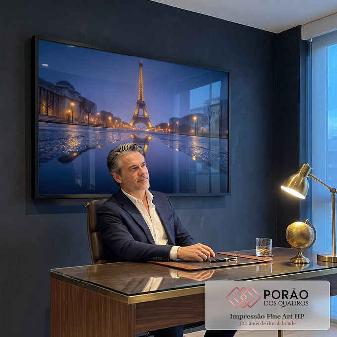 Quadro Decorativo Torre Eiffel Noturna em escritorio moderno - quadros decorativos para sala