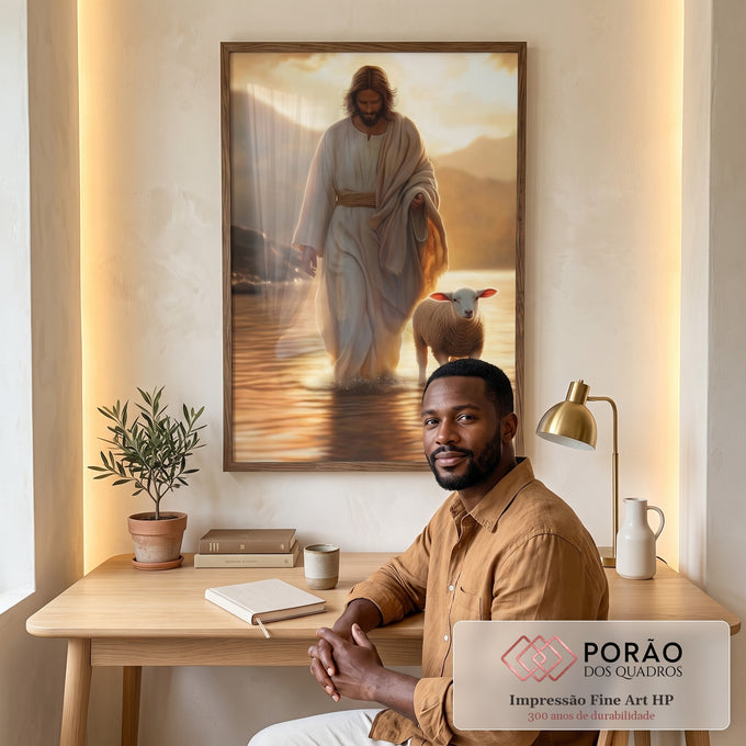 Quadro Decorativo Jesus e o Cordeiro ao Entardecer em escritorio moderno - quadros decorativos para sala