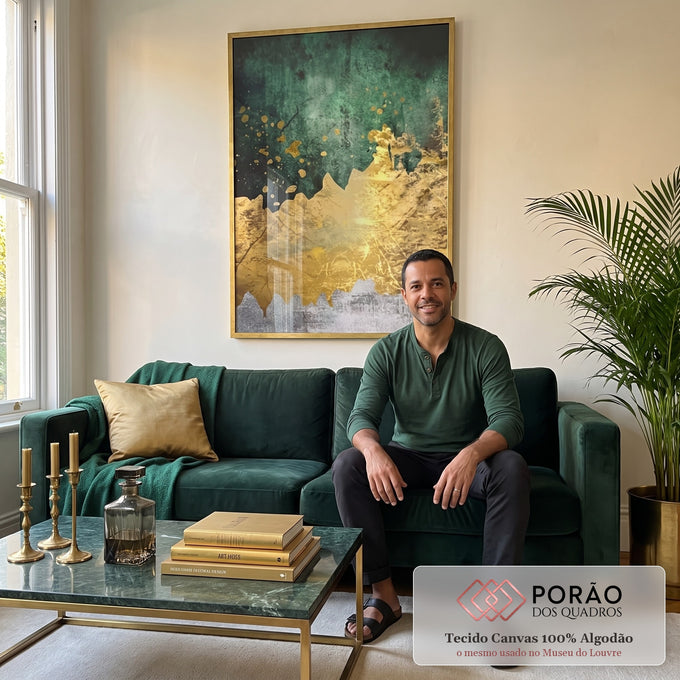 Quadro Decorativo Abstração Verde e Dourado: Inspire-se! em sala de estar moderna - quadros decorativos para sala