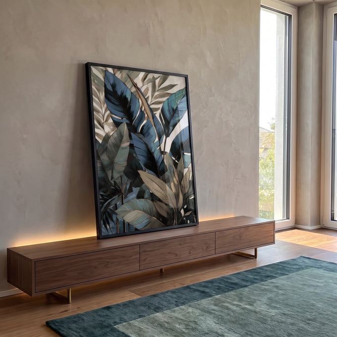 Quadro Decorativo Folhas Tropicais: Toque de Luxo e Natureza em ambiente decorado - quadros decorativos para sala