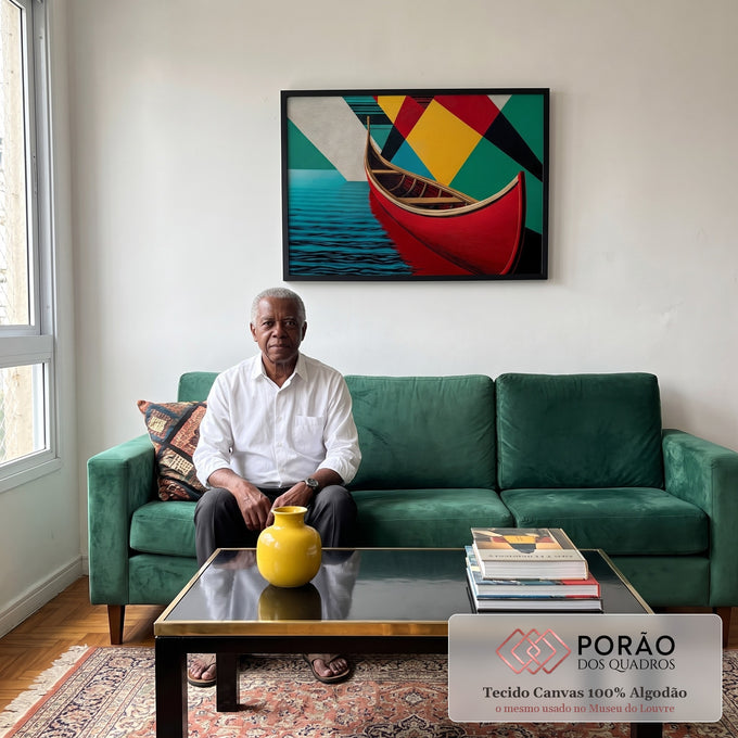 Quadro Decorativo Canoa Vermelha em Movimento em sala de estar moderna - quadros decorativos para sala