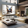 Borboleta azul e laranja saindo de respingos dourados com reflexo em fundo branco, quadro decorativo