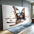 Borboleta azul e laranja saindo de respingos dourados com reflexo em fundo branco, quadro decorativo