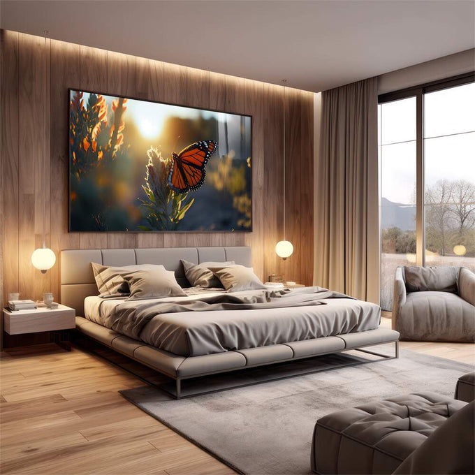 Quadro Decorativo Belíssima Borboleta Monarca em Jardim - quadros decorativos 1 Tela, 1 Tela Horizontal - em sala moderna