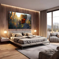 Borboleta monarca laranja pousada em planta com sol dourado e fundo desfocado, quadro decorativo