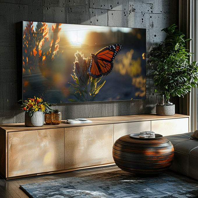 Quadro Decorativo Belíssima Borboleta Monarca em Jardim - quadros decorativos para sala 1 Tela, 1 Tela Horizontal - em ambiente decorado