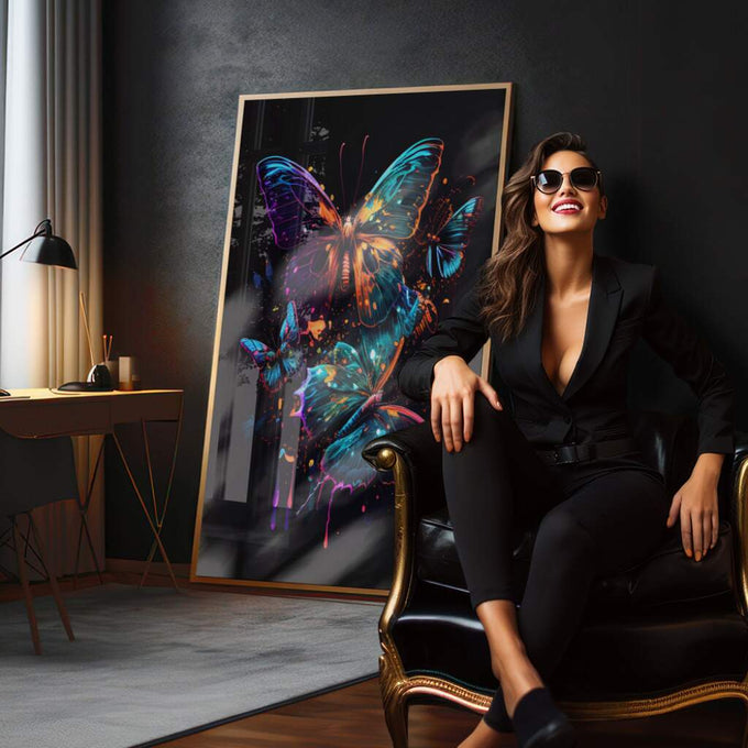 Quadro Decorativo: Borboletas Coloridas, Um Toque de Magia - quadros decorativos para sala 1 Tela Vertical, 3 Telas - em quarto contemporaneo