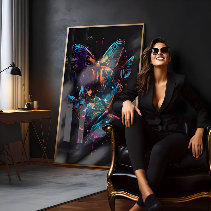 Borboletas neon azuis, roxas e laranja com respingos de tinta sobre fundo preto, quadro decorativo