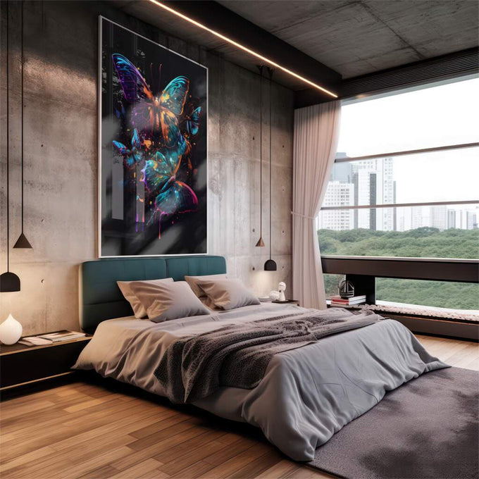 Quadro Decorativo: Borboletas Coloridas, Um Toque de Magia - quadros decorativos 1 Tela Vertical, 3 Telas - em escritorio elegante