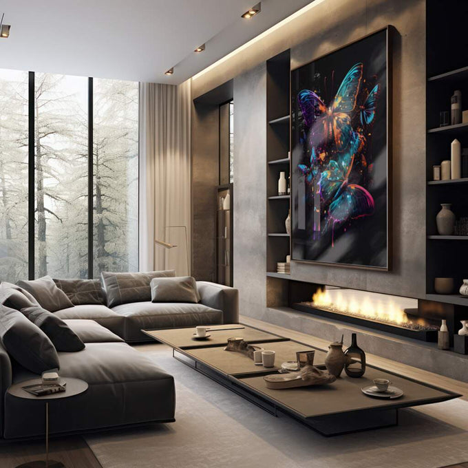 Quadro Decorativo: Borboletas Coloridas, Um Toque de Magia - quadros decorativos 1 Tela Vertical, 3 Telas - em sala moderna