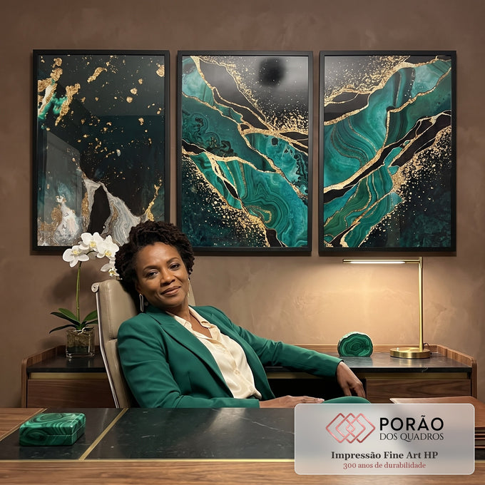 Quadro Decorativo: Luxo Verde & Ouro - Exclusividade e Arte em escritorio moderno - quadros decorativos para sala