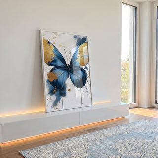 Quadro Decorativo Borboleta Azul e Dourada em ambiente decorado - quadros decorativos para sala