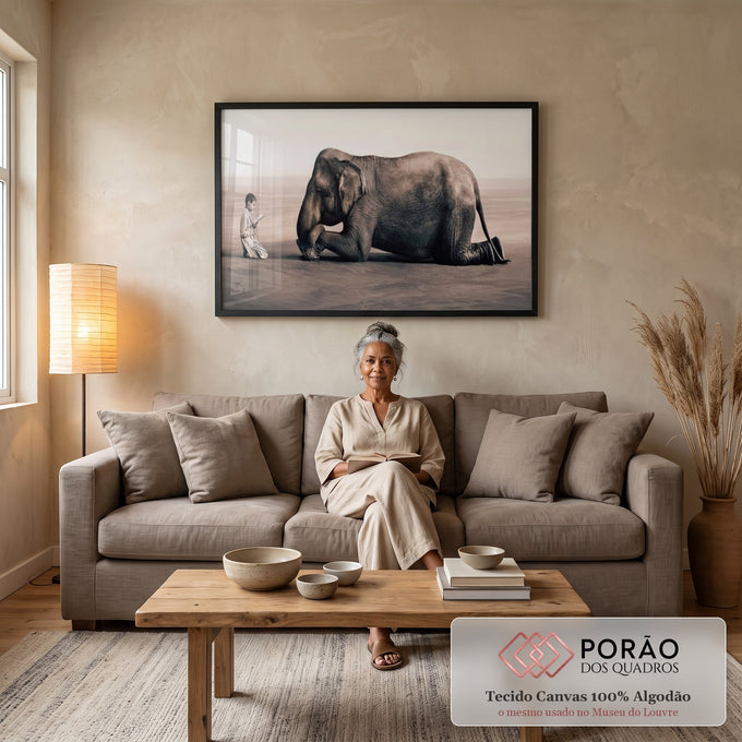 Quadro Decorativo Reflexivo A Leitura e o Elefante em sala de estar moderna - quadros decorativos para sala