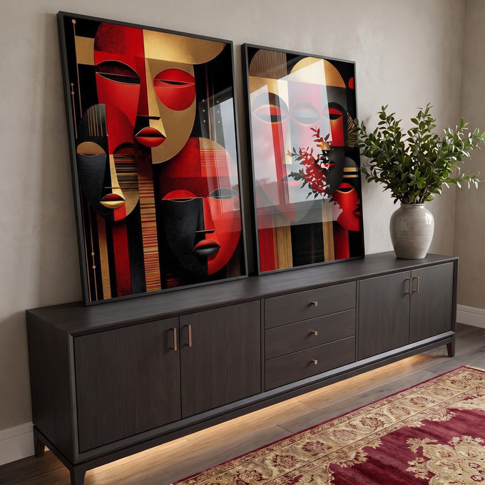 Quadro Decorativo Arte de Rostos Estilizados em ambiente decorado - quadros decorativos para sala