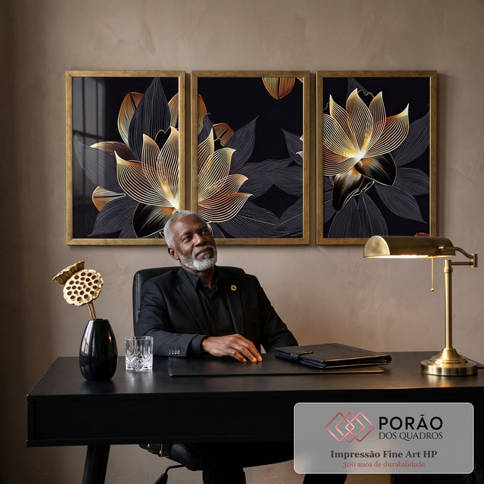 Quadro Decorativo Lotus Dourada - Elegância e Mistério em escritorio moderno - quadros decorativos para sala