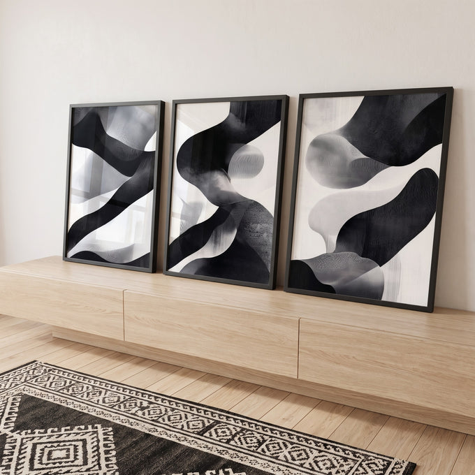 Quadro Decorativo Minimalista Abstrato Preto e Branco em ambiente decorado - quadros decorativos para sala