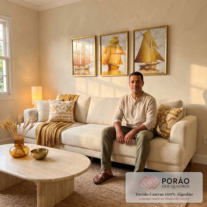 Quadro Decorativo Navegação Dourada - Inspiração Única em sala de estar moderna - quadros decorativos para sala