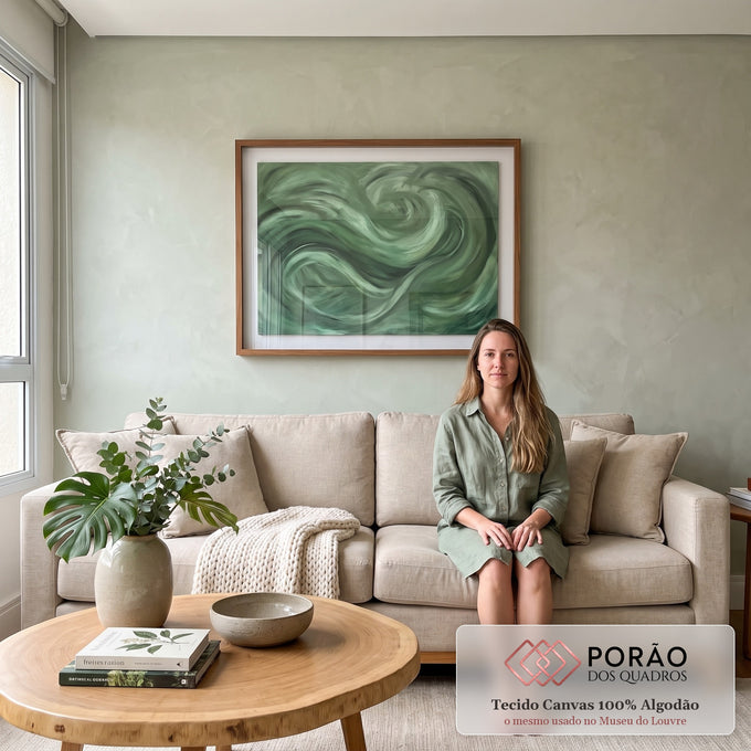 Quadro Decorativo Pincelada Serenidade Verde em sala de estar moderna - quadros decorativos para sala