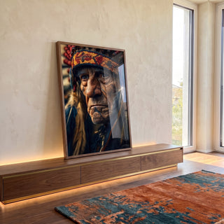 Quadro Decorativo - O Líder Indígena em Arte em ambiente decorado - quadros decorativos para sala