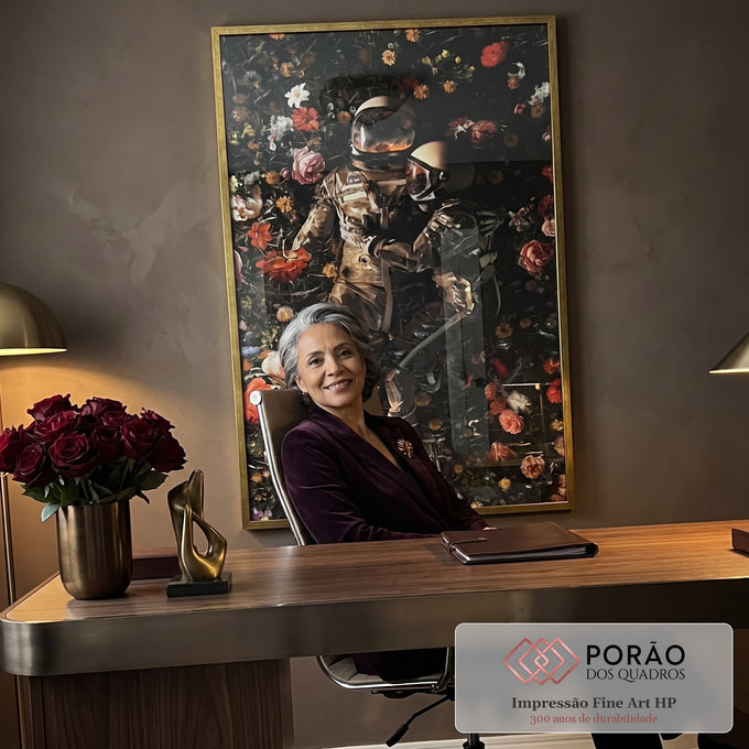 Quadro Decorativo Amor Cósmico: União Astral e Flores em escritorio moderno - quadros decorativos para sala