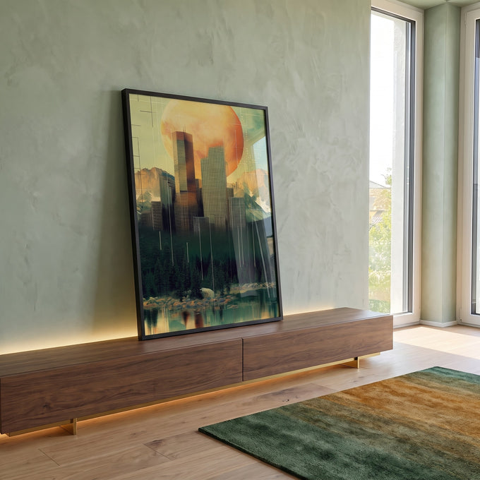 Quadro Decorativo Cidade Abstrata em ambiente decorado - quadros decorativos para sala