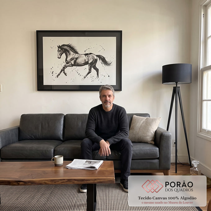 Quadro Decorativo Cavalo Retrato Preto E Branco em sala de estar moderna - quadros decorativos para sala