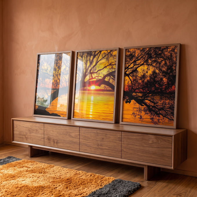 Quadro Decorativo Pôr do Sol Entre Árvores Majestosas em ambiente decorado - quadros decorativos para sala
