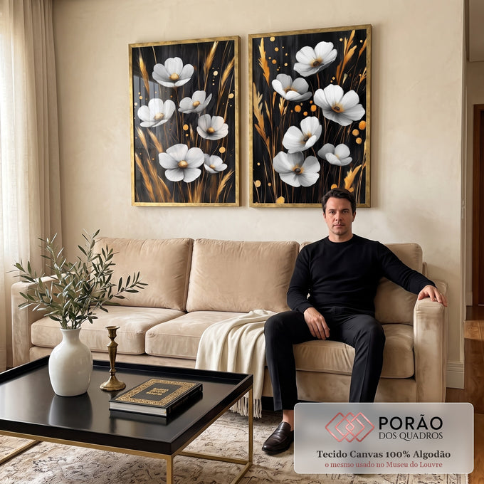 Quadro Decorativo Dupla Magnífica de Flores  Um Toque de Natureza em sala de estar moderna - quadros decorativos para sala
