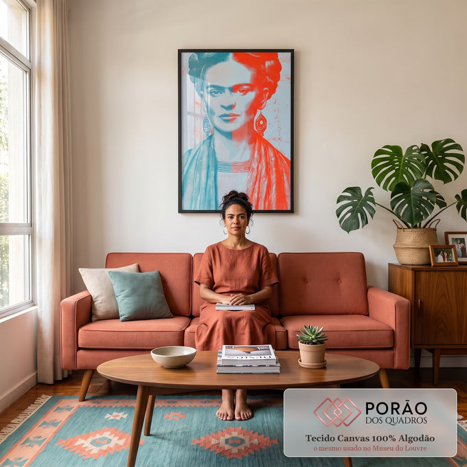 Quadro Decorativo - Frida Kahlo Abstrato em Azul e Vermelho em sala de estar moderna - quadros decorativos para sala