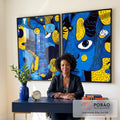 Quadro Decorativo Minimalista Fluído em Azul e Amarelo em escritorio moderno - quadros decorativos para sala