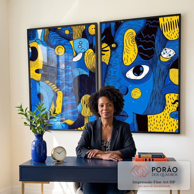 Quadro Decorativo Minimalista Fluído em Azul e Amarelo em escritorio moderno - quadros decorativos para sala