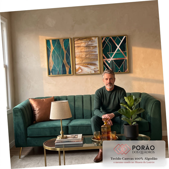 Quadro Decorativo: Luxo Verde e Ouro Art Deco em sala de estar moderna - quadros decorativos para sala