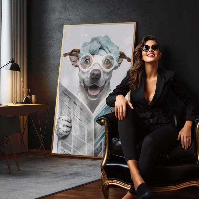 Quadro Decorativo Cão Leitor - Humor e Estilo para Seu Lar - quadros decorativos para sala 1 Tela Vertical, 3 Telas - em quarto contemporaneo