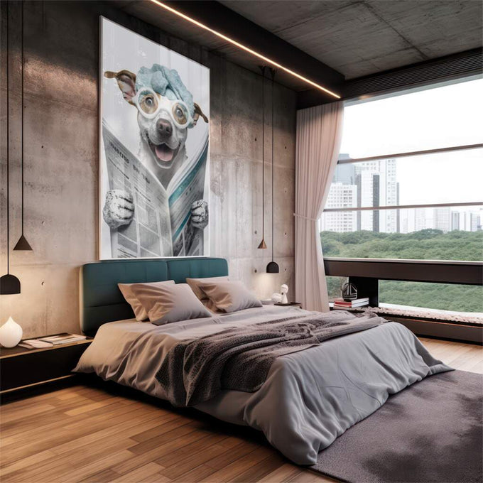 Quadro Decorativo Cão Leitor - Humor e Estilo para Seu Lar - quadros decorativos 1 Tela Vertical, 3 Telas - em escritorio elegante